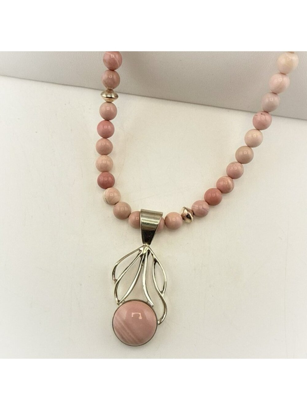 Jay King Necklace Pink Lace Agate Pendant Set Sterling Silver Polished Beaded